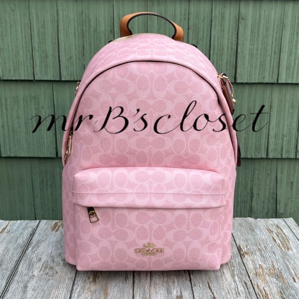 Coach Taylor Small Backpack In Signature Canvas With Charms Bag Powder Pink